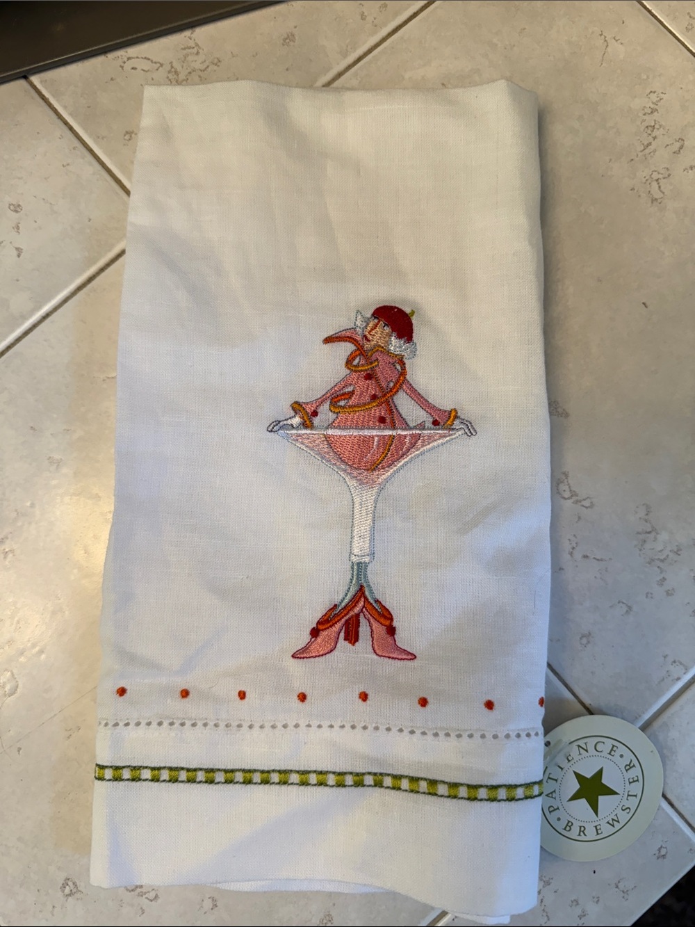 Patience Brewster Tea Towel with Pink Cocktail Embroidery NWT